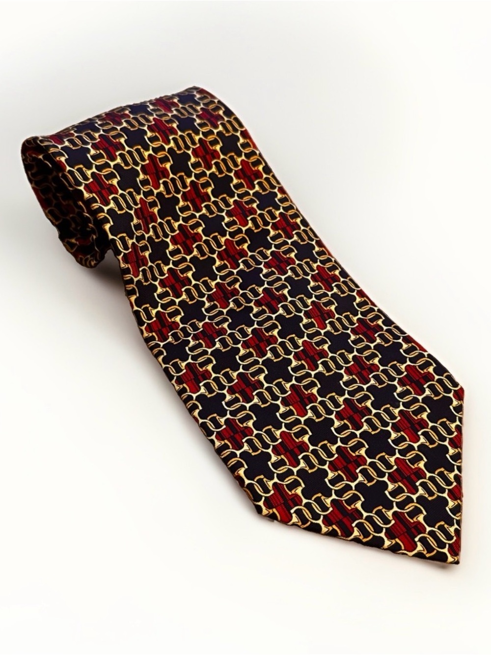 Vintage Paolo Gucci Silk Tie Made In Italy Navy Blue Gold Red Horsebit Necktie